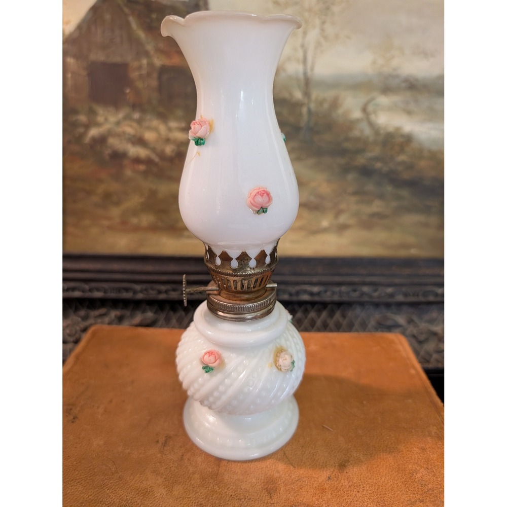 Vintage White Milk Glass Mini Oil Lamp Pink Applied Roses Swirl Hobnail 8"